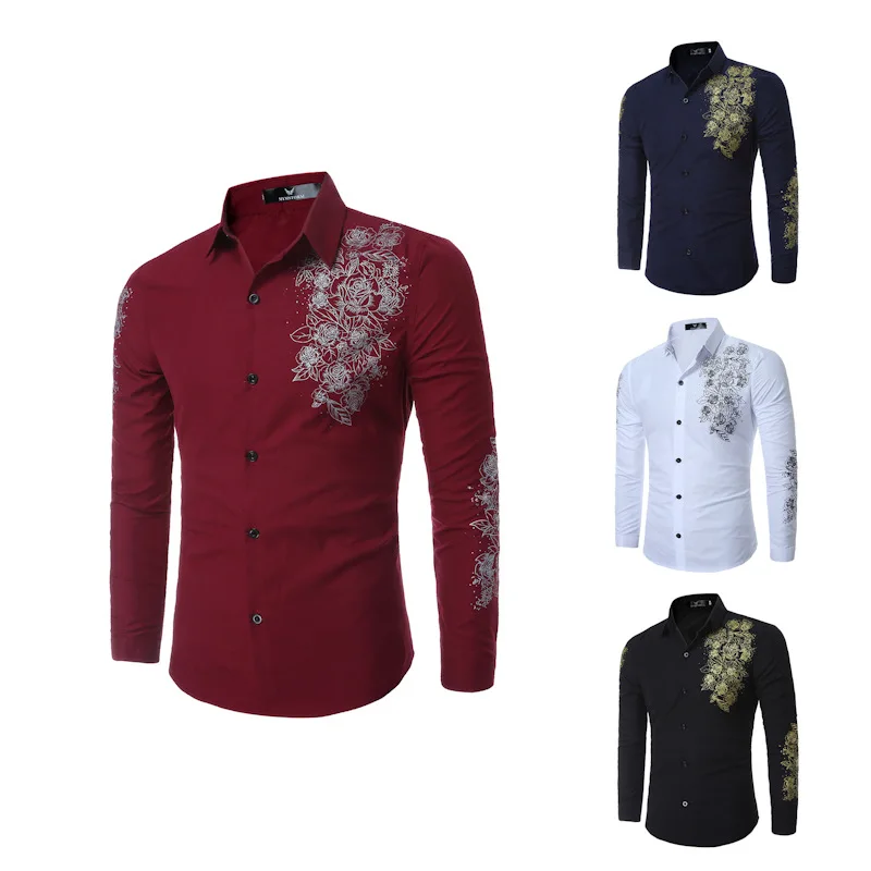 Для мужчин платье с цветочным рисунком рубашки Slim Fit мужской хлопок высокое