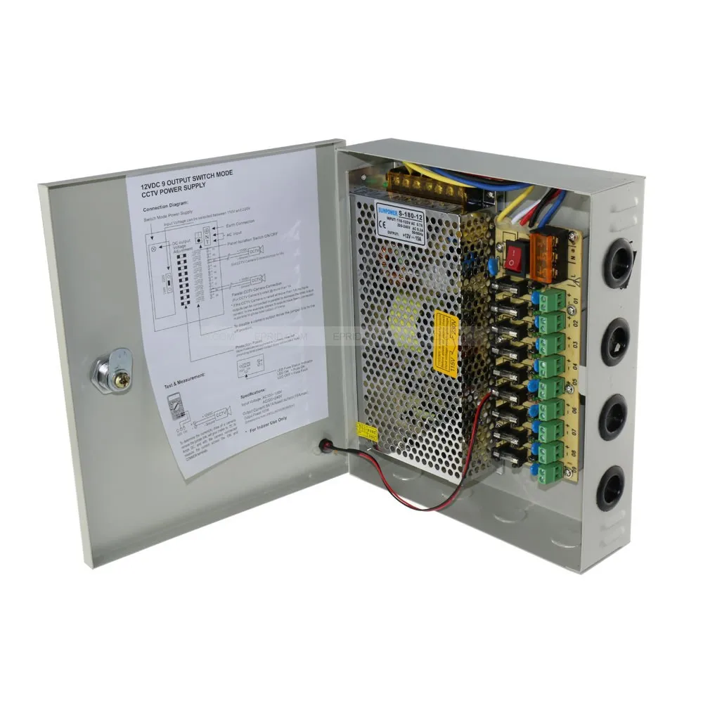 

CCTV Power Supply Box, 9 Port Channel 15A 180W Distribution Metal Fuse AC 110 -240V to DC 12V for Surveillance Camera