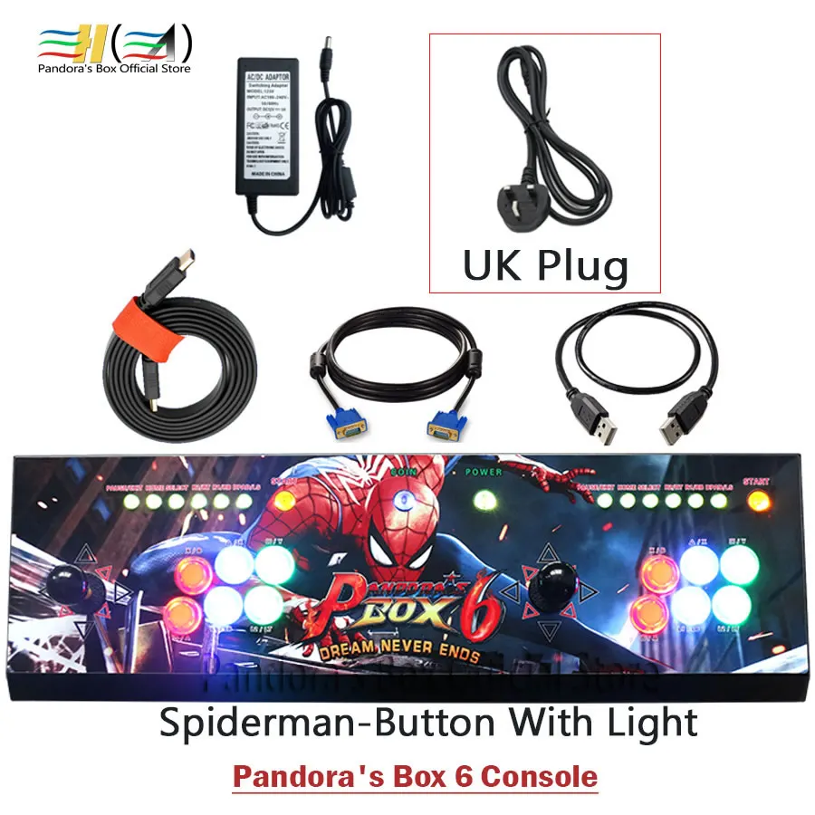 PB6 spider light UK Ящик Пандоры 6 1300 в 1 игровая консоль комплект Аркада 2 игроки могут добавлять 3000 игры HDMI VGA usb джойстик для ПК видео игры ps3 - Цвет: PB6 spider light UK