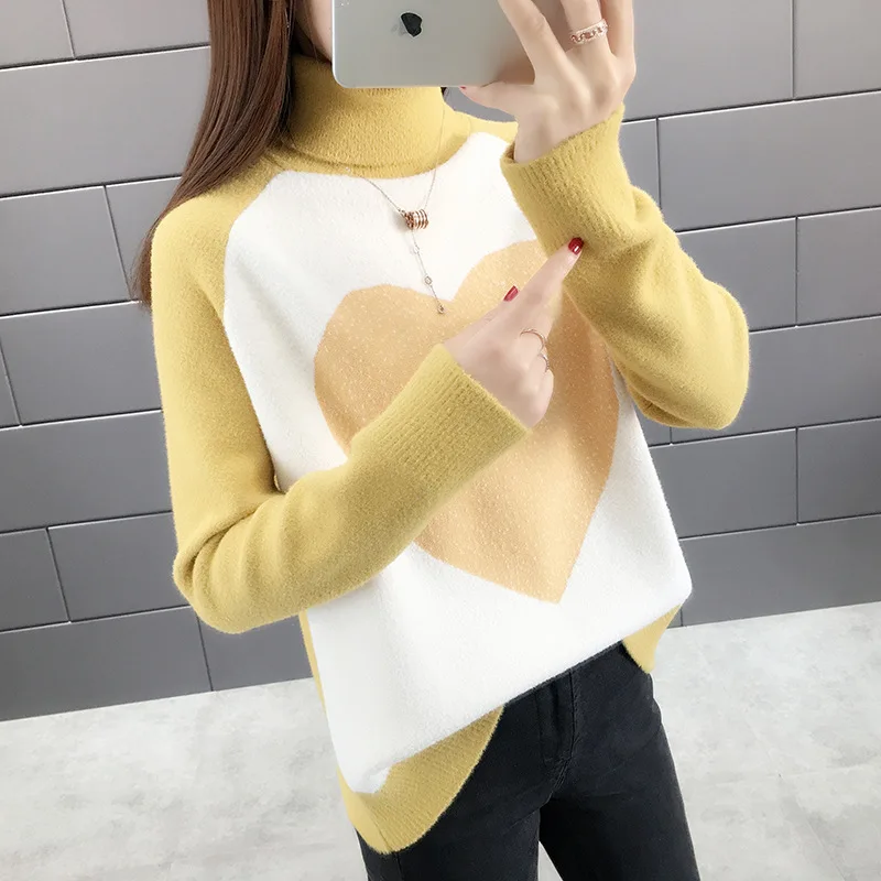 Winter wear new high-necked double-sided woolen sweater thick pullover color matching love two-lapel loose knit bottom | Женская одежда