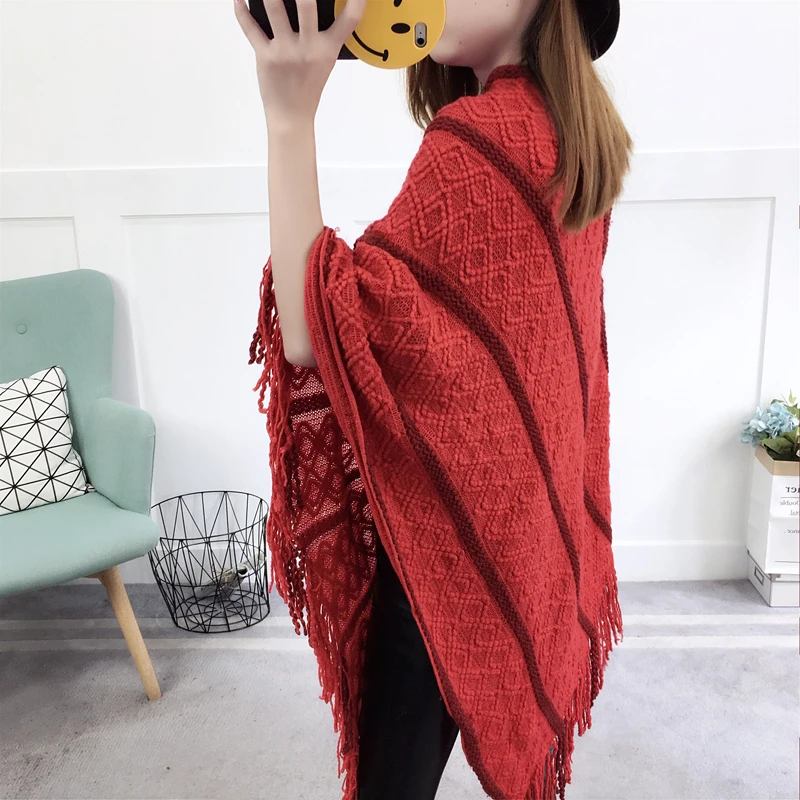 Fashion Female Women's Long Plus Size Tassel Bat sleeve striped Loose Knitted Winter Capes &amp Ponchos Clothes Clothing Outerwear |