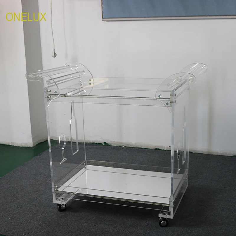Зеркальный акрил Lucite Бар корзину на Колёса, Прокат сервировочная тележка с зеркалом подносы-KD упакованы