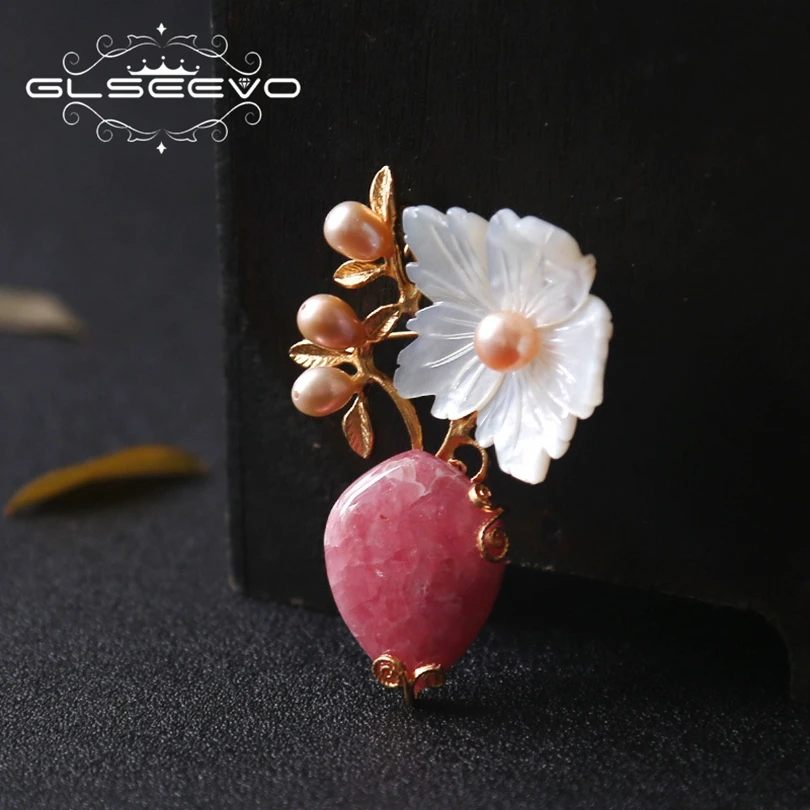 Женская Брошь с натуральным родохрозом GLSEEVO брошь перламутровым жемчугом