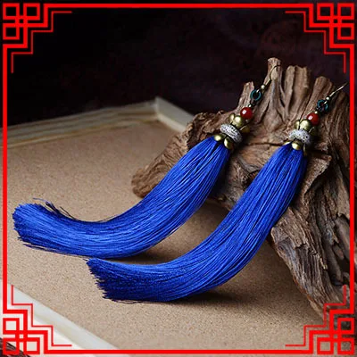 Женские винтажные этнические серьги с бахромой длинные синие в виде ракушек и