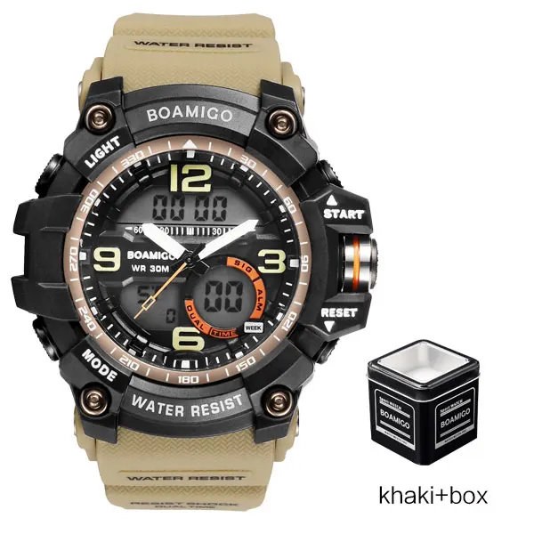 khaki box BOAMIGO Для мужчин спортивные военные армейские часы мужские Кварцевые наручные часы светодиодный цифровые часы мужской шок водостойкий часы Reloj Hombre - Цвет: khaki box