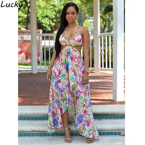 Stylish Sexy Sleeveless Floral Print Long Dress Cut Out Backless Maxi Party Spaghetti Strap Irregular Hem Vestidos S-XL U2 | Женская