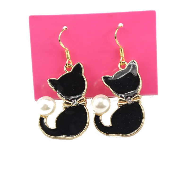Женские серьги кошечки в стиле панк с искусственным жемчугом и стразами для