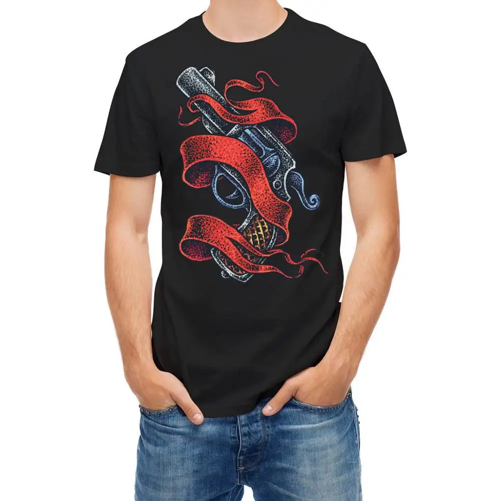 Хлопок Мода Футболка с Круглым Вырезом Футболки Пистолет Якудза Татуировки