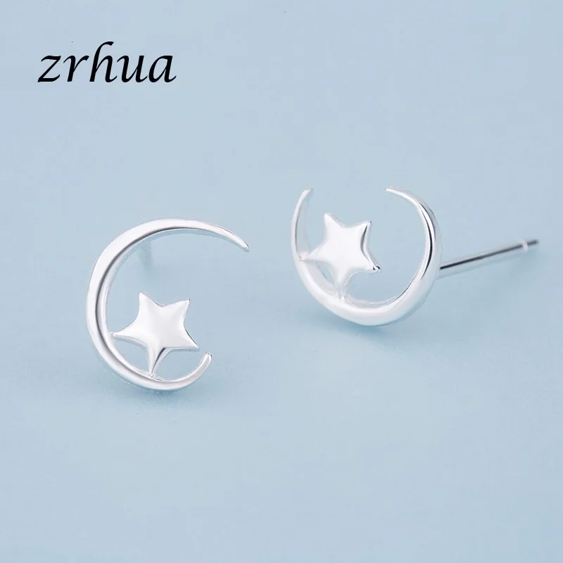 moon ZRHUA, новинка 925, серебряные милые элегантные серьги-гвоздики для женщин и девушек, маленькие подарки, горячая Распродажа, 925, ювелирное изделие с штампом, женские серьги для вечеринки - Окраска металла: moon