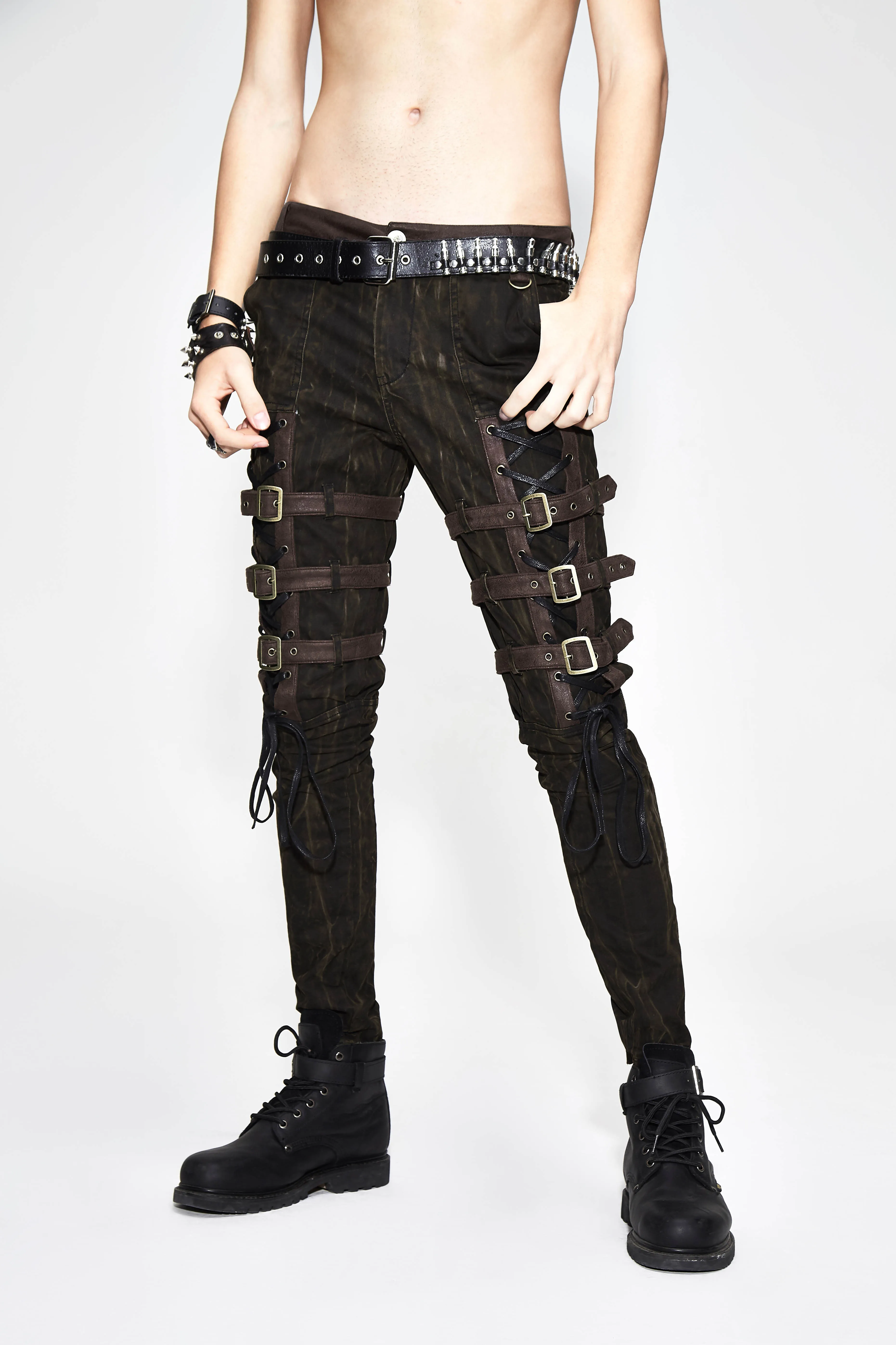 Steampunk Men Long Jean Gothic High Waist Black Brown Tights Slim Trousers Straps in the Leg Lace Up Pencil Pants New