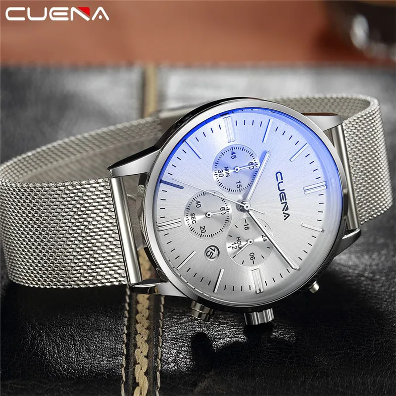 CUENA Watches Men Mesh Luxury Brand Strap Business Stainless Steel Watch Men's Quartz Multi-function Wrist | Наручные часы