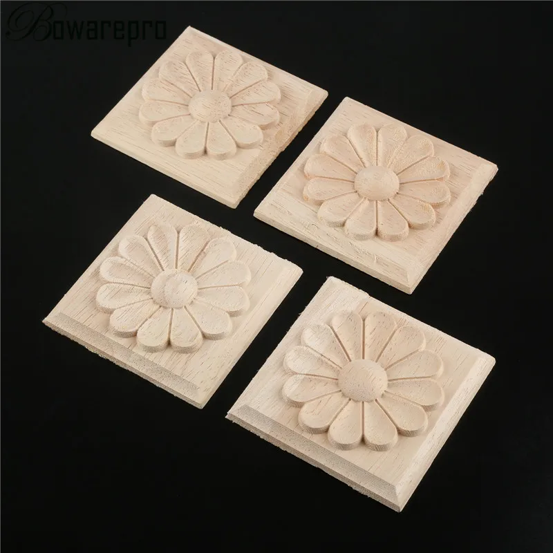 

bowarepro 4PCS Carving Natural Wood Appliques For Furniture Cabinet Unpainted Wooden Mouldings Decal Decorative Figurines 6/8CM