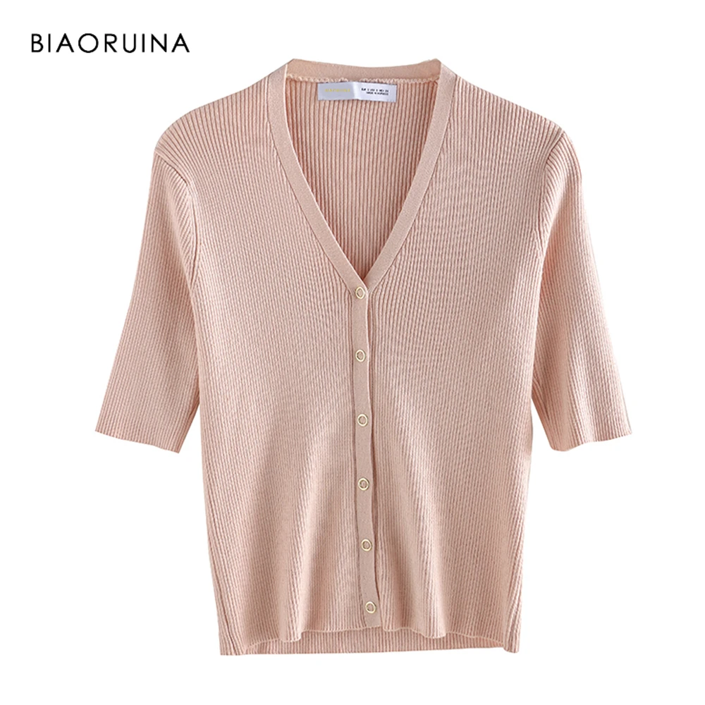 BIAORUINA Women American Style Vertical Solid Stripes Knitted Sweater Female Elegant V-neck Covered Button Casual Cardigans |