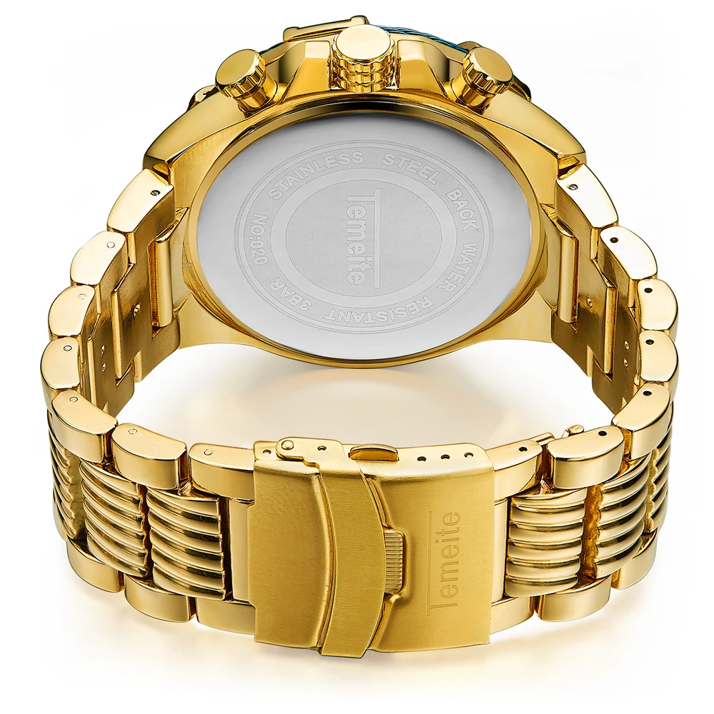 Relogio Dourado Temeite мужские часы Бизнес Кварцевые часы Роскошные Большой Циферблат Водонепроницаемые Военные Наручные часы