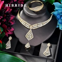 hibride luxury design gold color wedding bridal cubic zircon necklace dubai 4pcs dress jewelry set for party gifts n 832