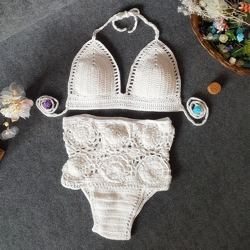 New Knitted Vacation Bikini Set Women High waist Halter Bikinis Bathing Suit Women Swimwear Bandage Female Biquini Swimsuit