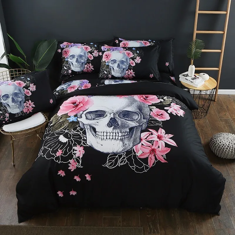 

Bedding Sets Sugar Skull And Floral Duvet Cover Set 3pcs Gothic Bedclothes Flowers Printed Bedding Set Pink And Black Bed Cover
