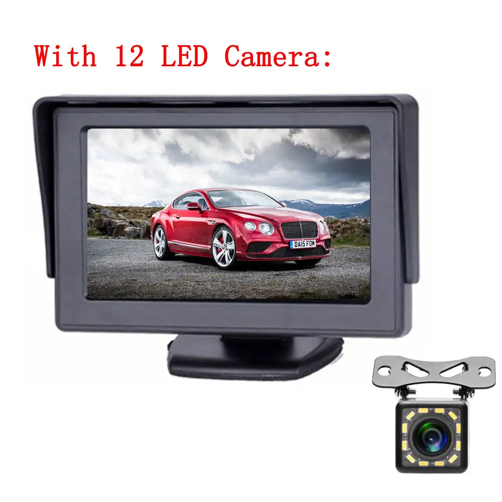 Podofo 4,3 ''цветной TFT lcd Автомобильный монитор заднего вида, автомобильный резервный парковочный резервный Обратный монитор, 2 видео inpu для камеры заднего вида - Цвет: With 12 LED Camera