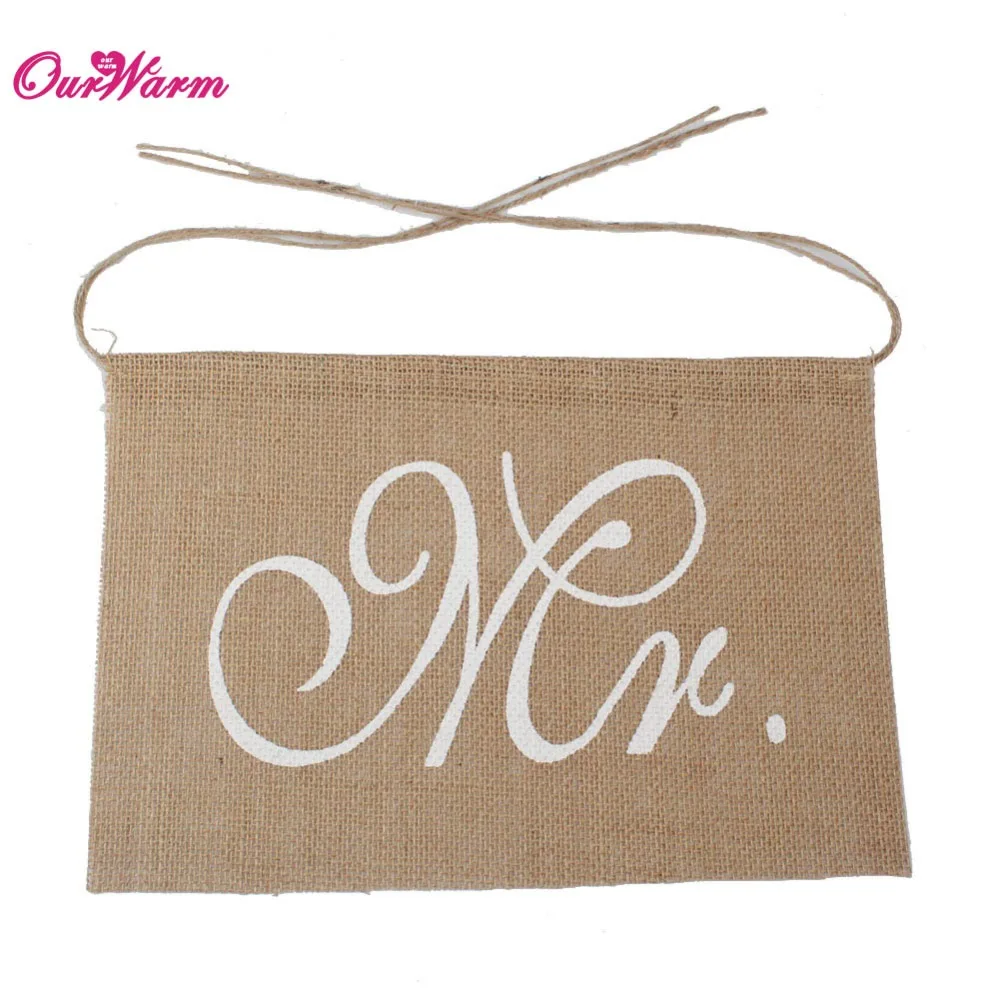 OurWarm Khaki Mr& Mrs Burlap Chair Banner Set Chair Sign Garland Rustic Wedding Party Decoration 30 x 20cm