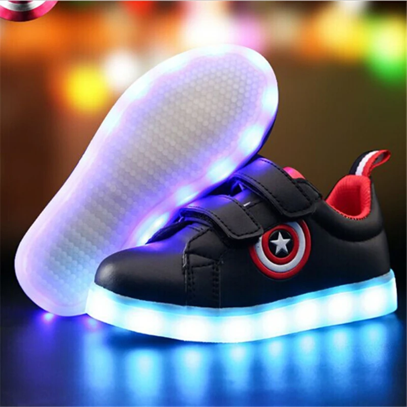 YPYUNA Captain America Children Shoes Light Led luminous Sneakers Boys Girls USB Charging Sport Casual For Kids Glowing | Детская одежда