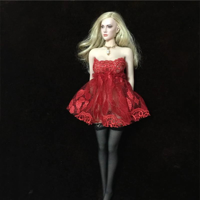 

1/6 Female Red Evening Dress with Black Stockings for 12'' Bodies