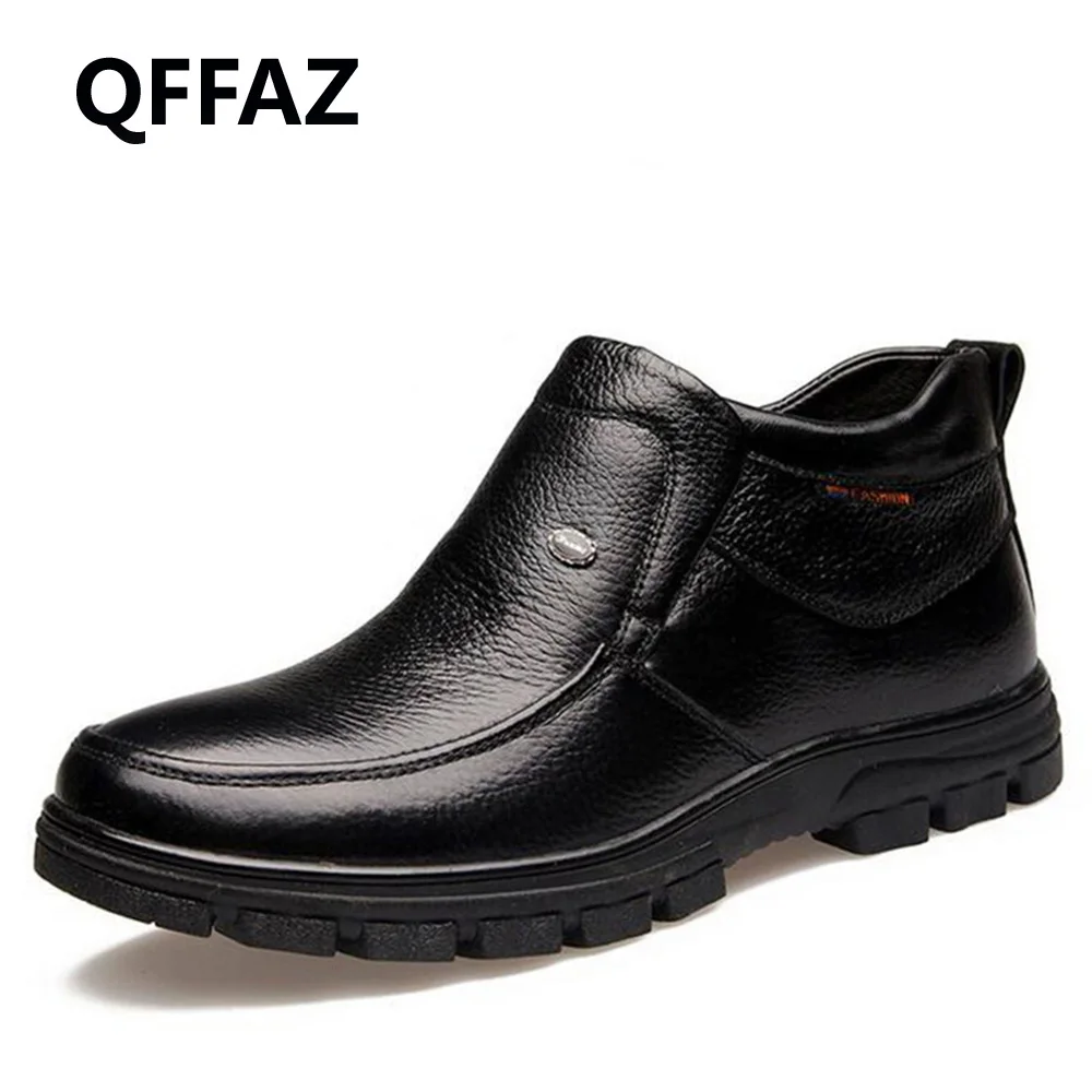 QFFAZ New Winter High Quality Genuine Leather Men Shoes warm Boots Casual Brand Man Soft Comfortable Fur Snow shoes | Обувь