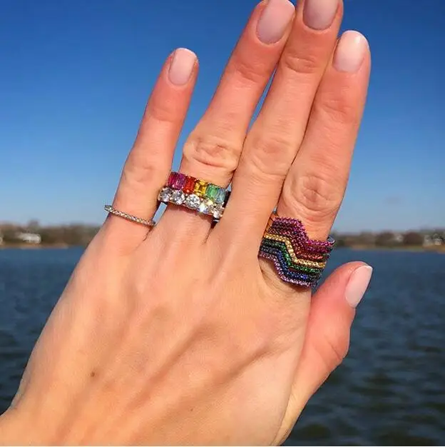 Fashion Gold filled fine jewelry rainbow square baguette cz engagement ring for women colorful cubic zirconia eternity band | Украшения и