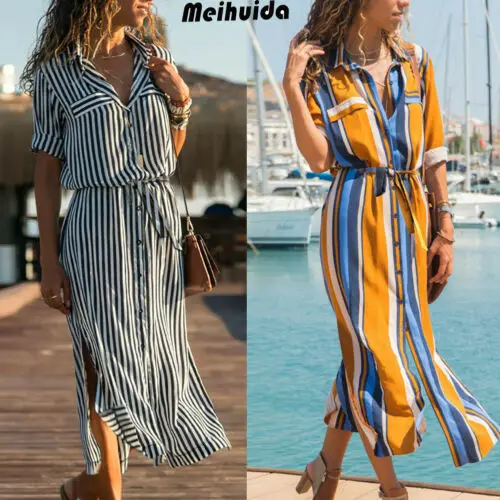 Женское платье рубашка в полоску Boho повседневное пляжное макси с длинным рукавом