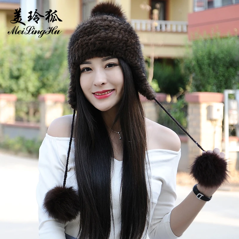 Шапка из натурального меха норки женская зимняя шапка меховая вязаная теплая для