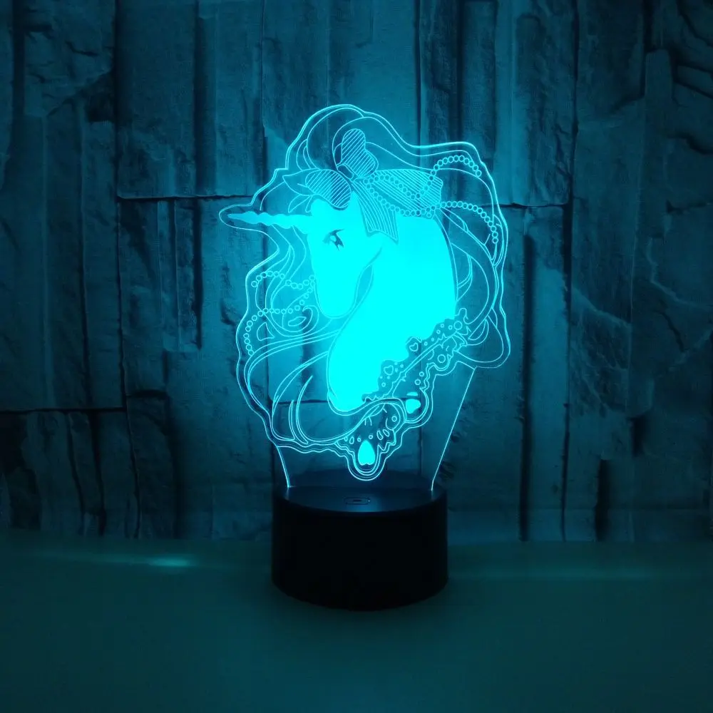 Kawaii Единорог 3D светодиодный светильник ночник разноцветная RGB лампа