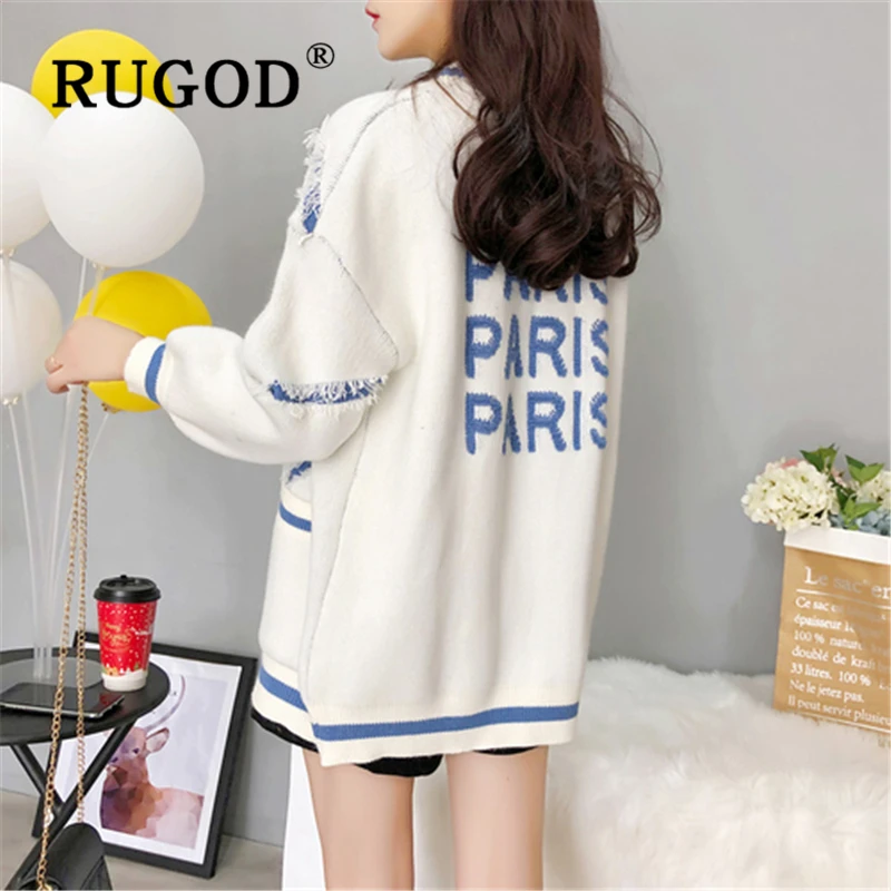 RUGOD Korean ins popupar women knitted cardigan sweater Elegant lantern sleeve open stitch streetwear Oversized tassel coat |