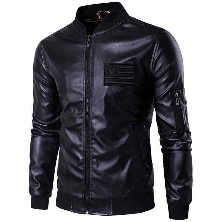 Мужская кожаная куртка бомбер с воротником стойкой вышивкой|men brand leather jacket|men