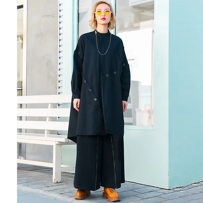 [EAM] New Autumn Winter Stand Collar Long Sleeve Button Split Joint Loose Big Size Jacket Women Coat Fashion Tide JO016