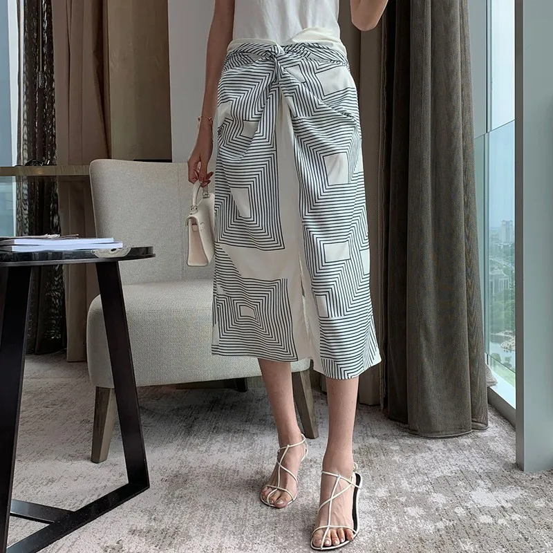 TWOTWINSTYLE Korean Geometric Print Skirt For Women High Waist Cross Split Slim Midi Skirts Female Fashion Clothes 2020 Summer | Женская