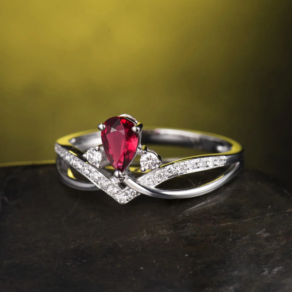 Кольцо LOVERJEWELRY WU291 с натуральным рубином и бриллиантом 4x6 мм|pear engagement ring|pear diamond