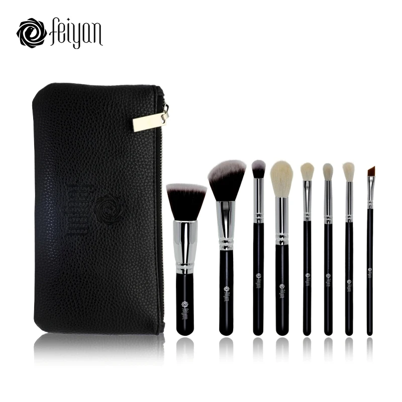 Brushes with Bag FEIYAN 8 шт. Профессиональный набор кистей для макияжа из натурального козьего синтетического волоса на молнии, полиуретановый мешочек для теней, тонального крема, румян, бровей, косметический набор - Handle Color: Brushes with Bag