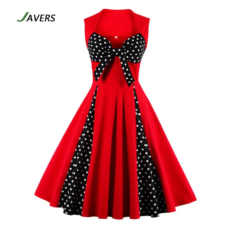 [JAVERS] женщины 1950 s Горошек Pin Up Красный Старинные Платья Лето Рукавов Плюс Размер