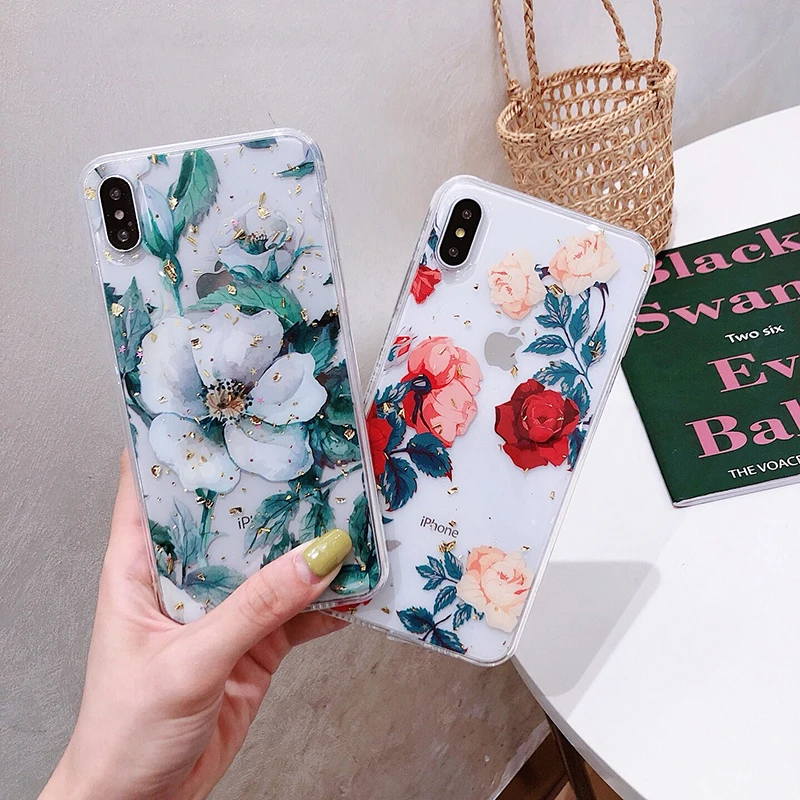 Glam чехол для телефона прозрачный золотой фольгированный цветочный iPhone XS Max XR X 8plus