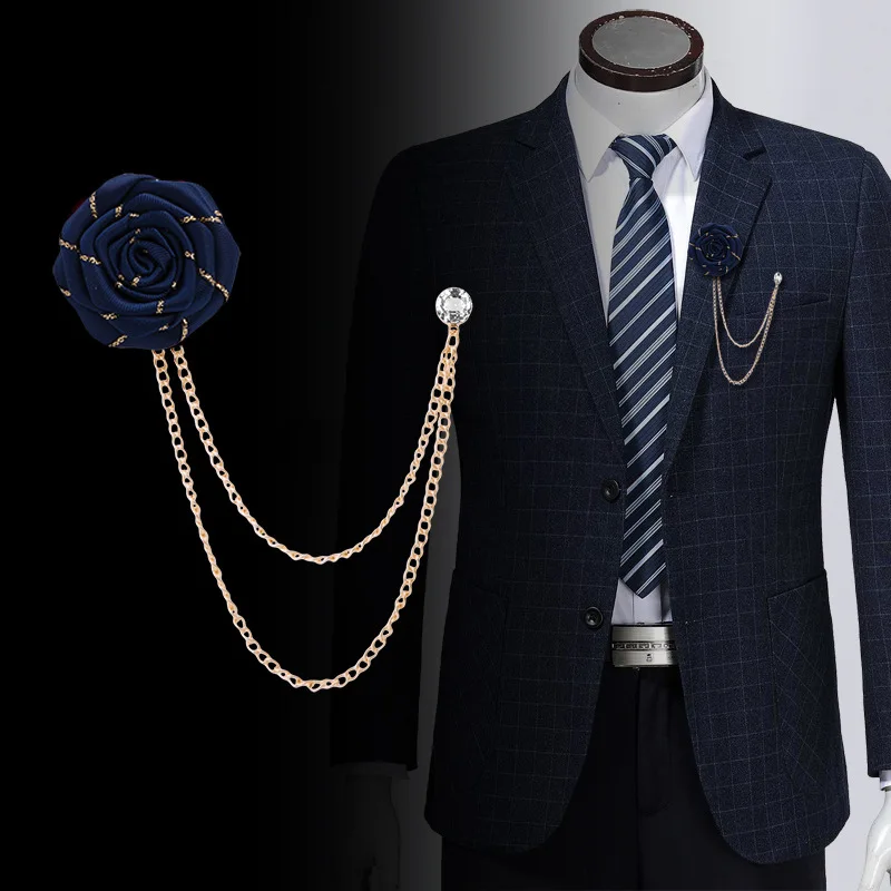 

Fabric Flower Rose Brooches Pins Metal Chain Tassel Men's Suit Collar Lapel Pin Men Women Korean Wedding Banquet Fashion Jewelry