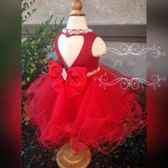 

Red Puffy Organza Baby Infant Girls First Birthday Dress Keyhole Back Flower Girl Dress Kids New Year Christmas Gowns