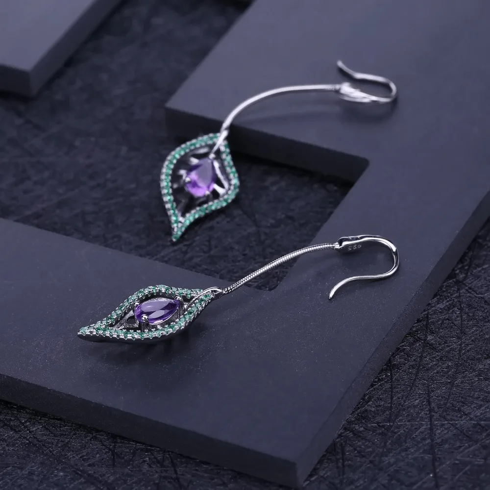 Серьги подвески женские из серебра 925 пробы с натуральным фиолетовым аметистом