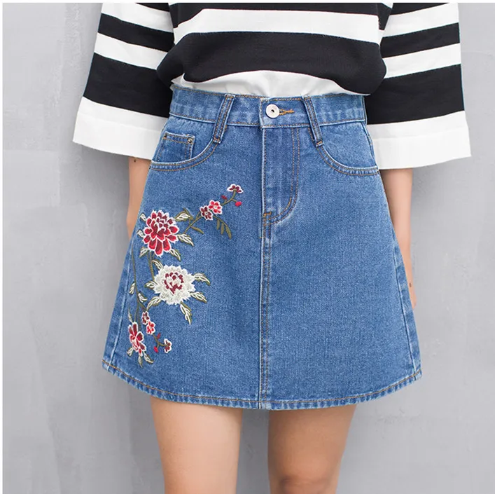 Джинсовые юбки с высокой талией для девочек юбка цветочной вышивкой короткие