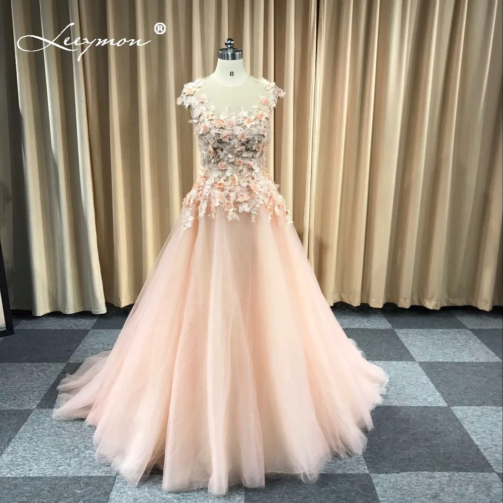 

Leeymon Custom Made Elegant Lace Appliques Prom Dress A-Line floor length High End Pink Evening Party Dress Evening Gown