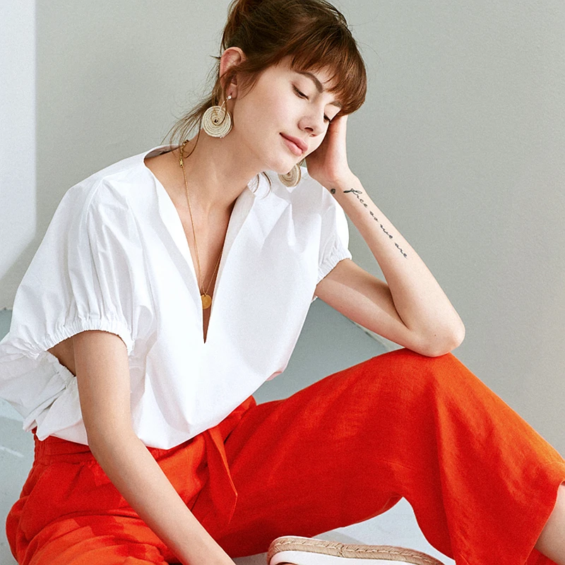 Blouse Women Shirt Simple Design 100% Cotton V Neck Batwing Sleeves Elastic Cuff 2 Colors Loose Top New Fashion Summer 2018 |