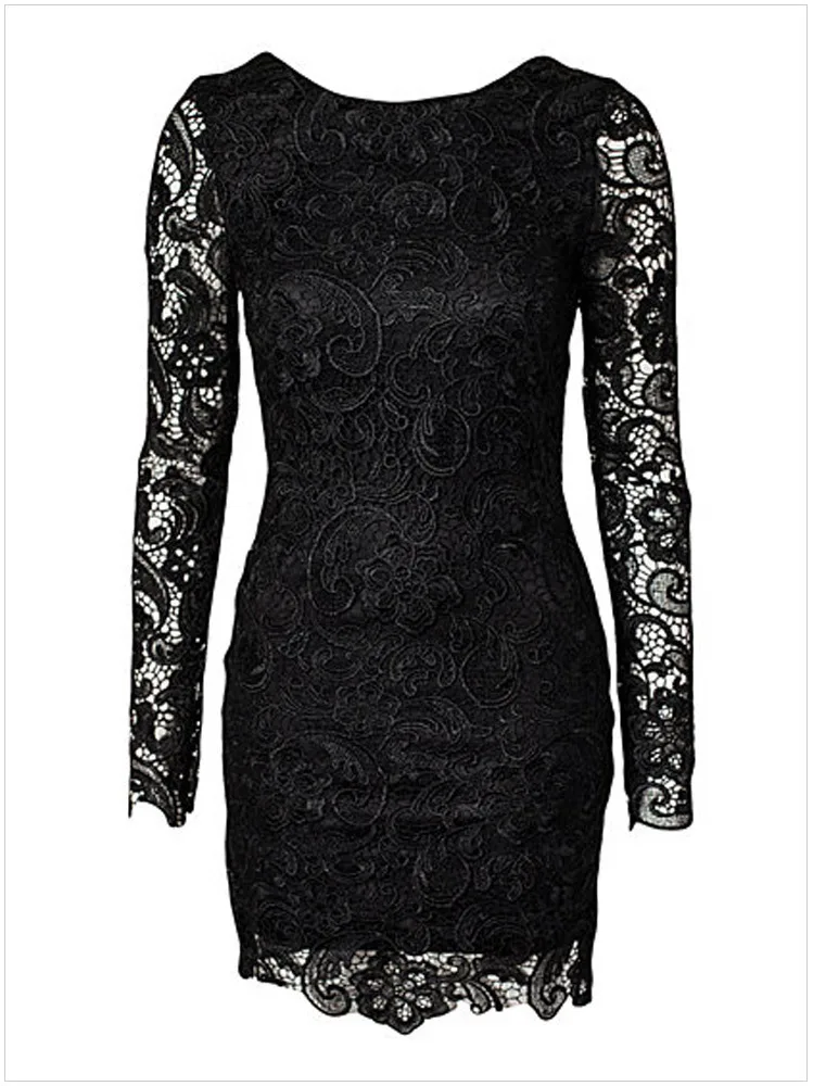 

black lace banquet dresses woman sexy backless voile hollow out o-neck long sleeve mini pencil dresses female