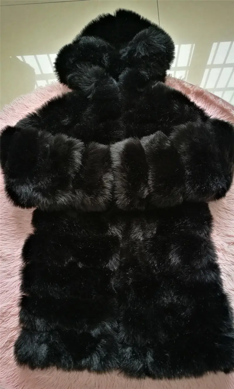 black Модное роскошное настраиваемое Женское зимнее пальто из искусственного меха, плотное 1,8 кг длинное пушистое пальто, плюс размер, 5XL, теплое меховое пальто с капюшоном, 6-8XL - Цвет: black
