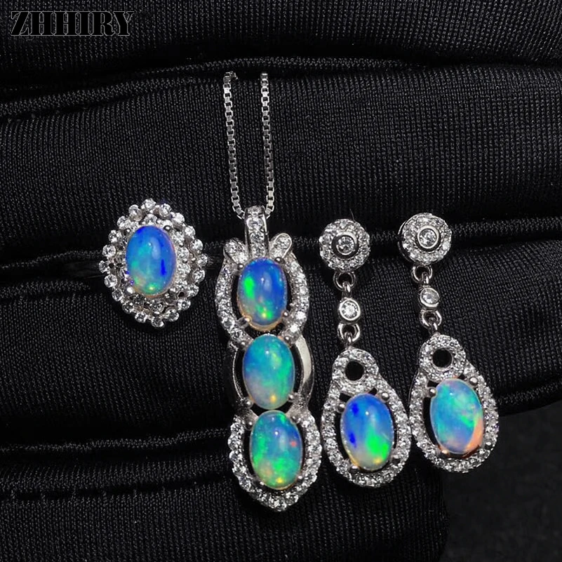 Натуральный цвет, опал, драгоценный камень, ювелирные наборы, подлинный твердый 925 пробы, серебро для женщин, кольцо, ожерелье, серьги ZHHIRY