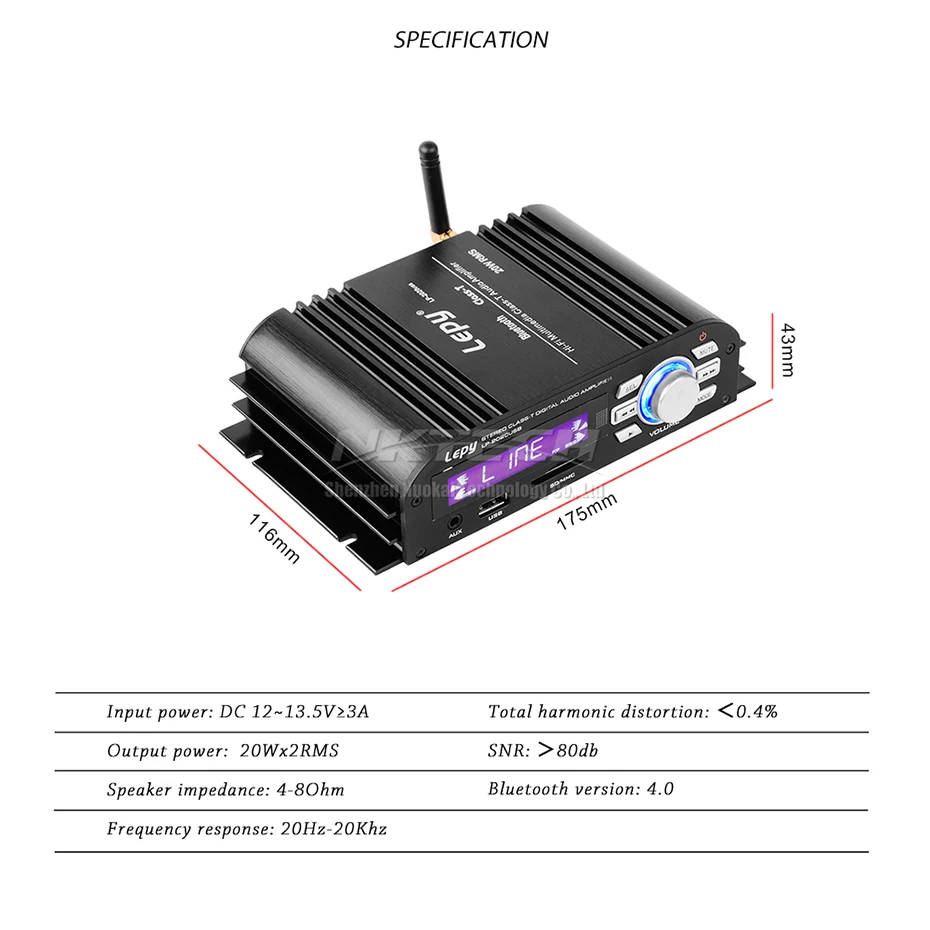 LP- USB Lepy автомобильный усилитель Bluetooth 4,0 Цифровой плеер класс-T 2x20 Вт RMS HIFI стерео аудио Мощность домашний мультимедийный SD AUX EQ