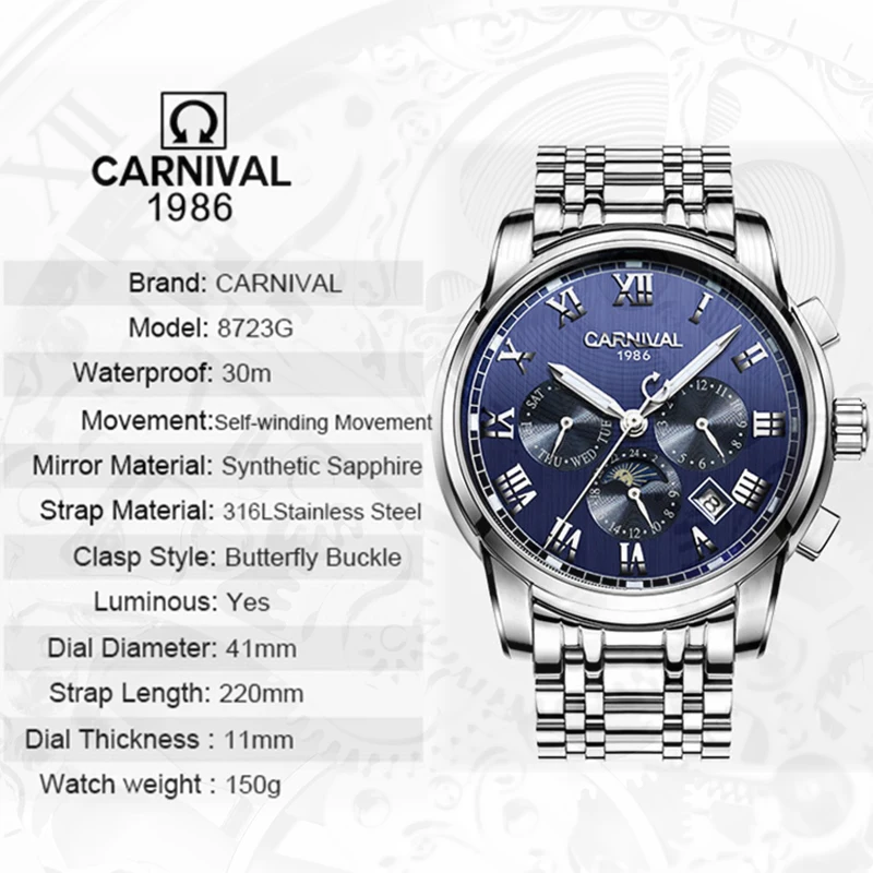 

2017 CARNIVAL Simple Multi-Function Men Watch Topbrand Luxury Relogio Fashion Waterproof Luminous Steel Mechanical Montre Homme