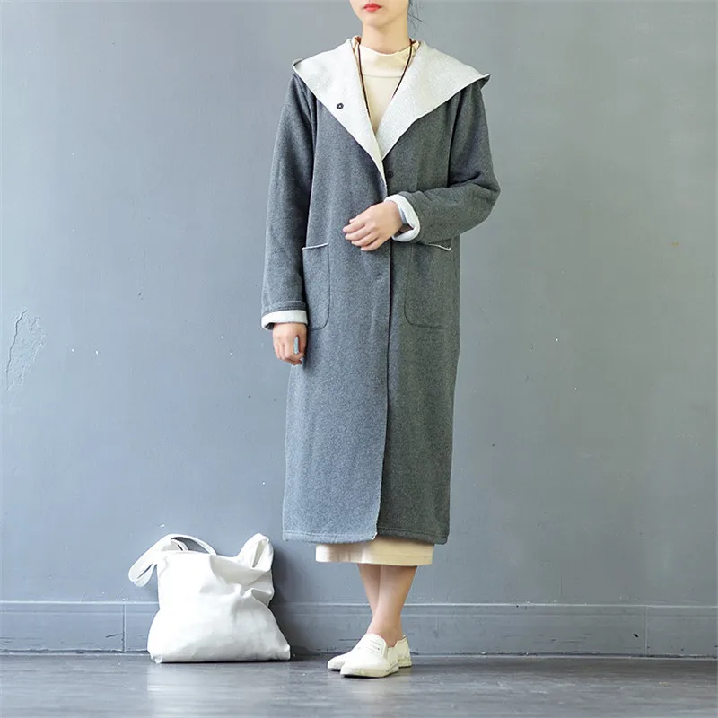SCUWLINEN, осенне-зимняя женская куртка, одноцветная, винтажная, с капюшоном, на пуговицах, свободная, длинная, утолщенная, хлопок, флис, толстовки S461